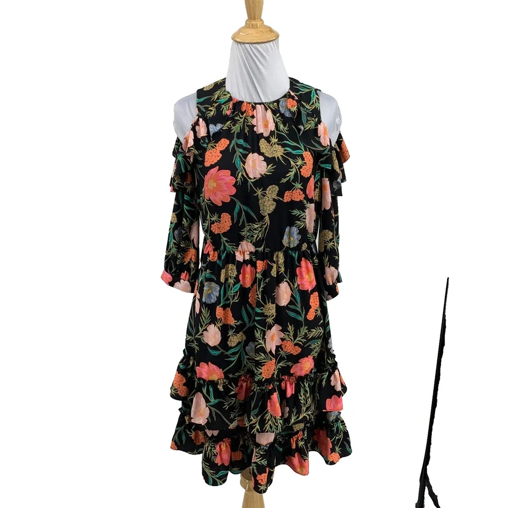 Kate Spade Dress Womens 00 Blossom Floral Cold Shoulder Side Zip Ruffled Tiered